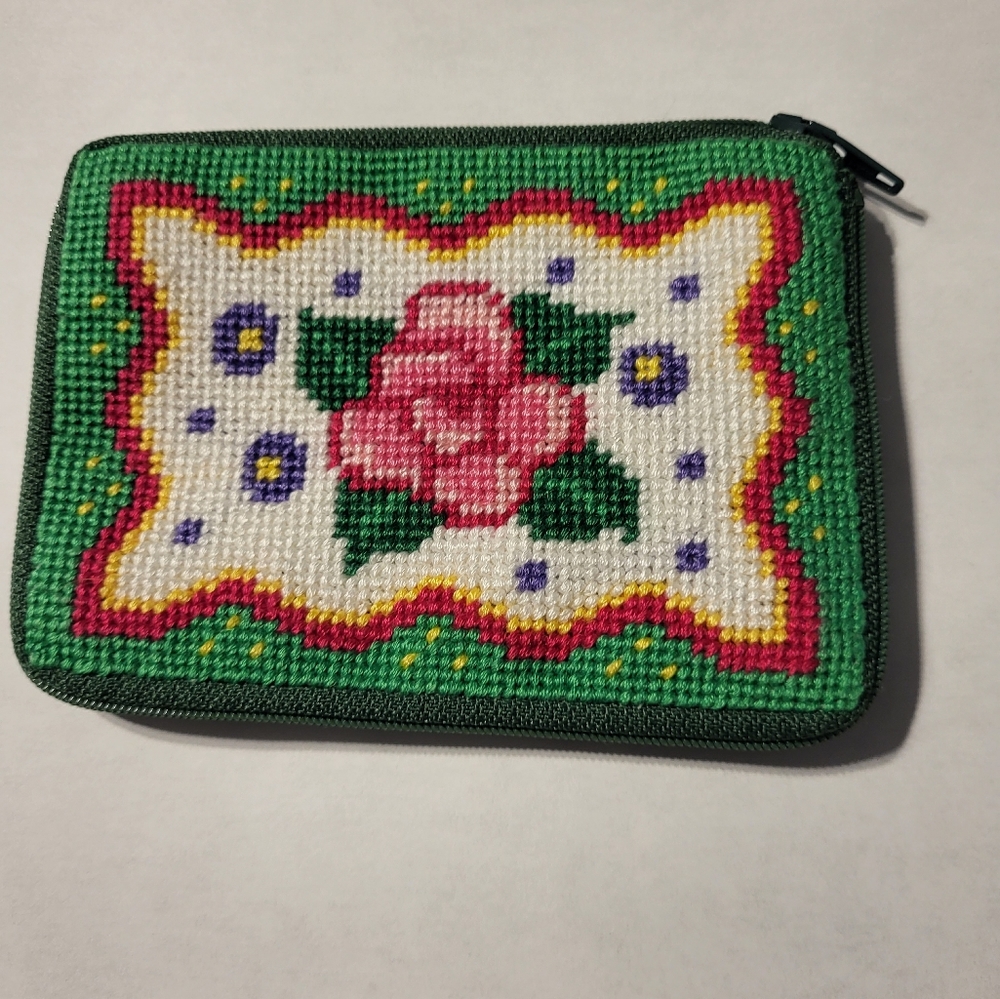 Vintage Needlepoint Zip Around Wallet ID Pouch